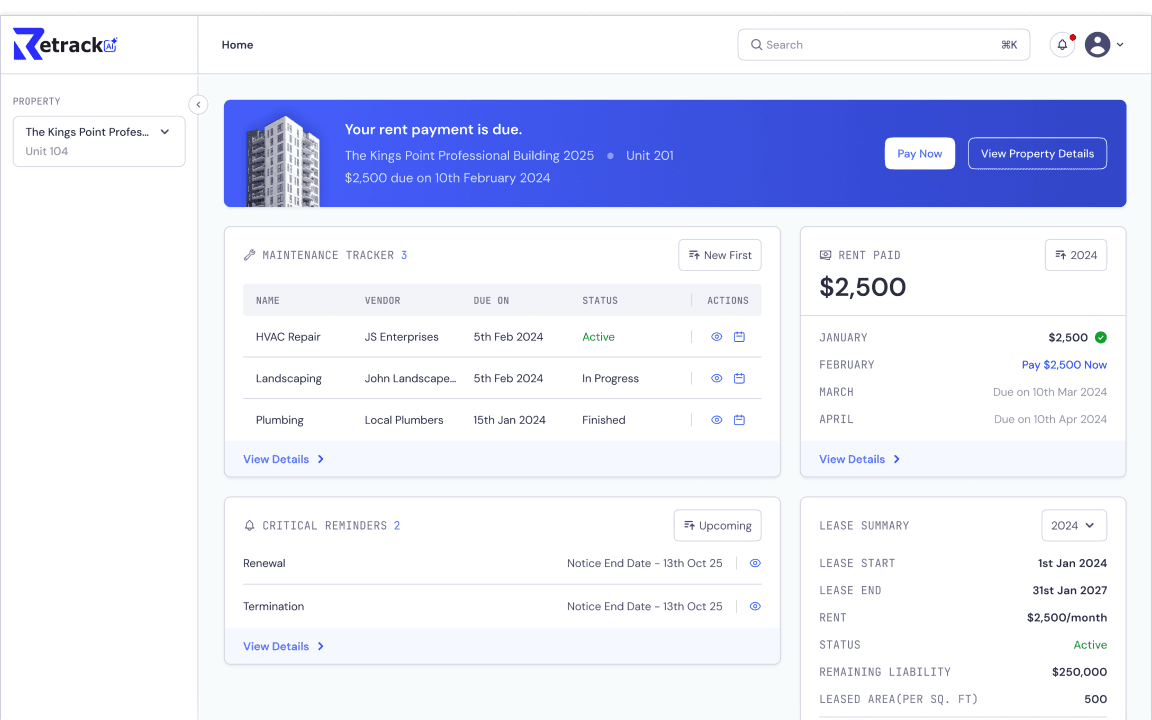Retrack tenant experience and lease management interface